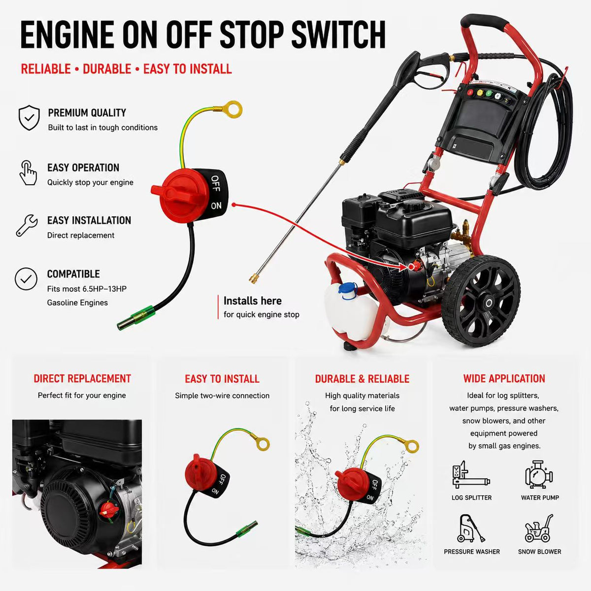 Engine On/Off Stop Kill Switch for Gas Pressure Washer – Fits Westinghouse WPX2700, WPX3000, WPX3200, WPX3400, WPX3600 WPX3800 WPX4400 Fits RYOBI 2900PSI 2.5GPM and 3300PSI 2.4GPM image 1