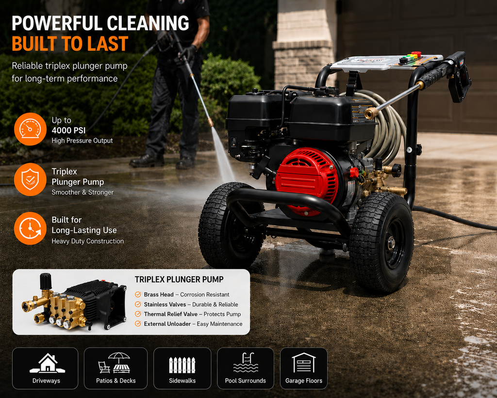4000PSI 4.76 GPM Horizontal Triplex Pressure Washer Pump with External Unloader, Fits 1" Q-Type Shaft