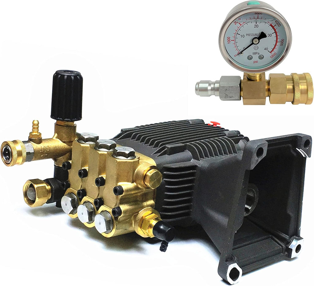 4000 PSI 4.76 GPM Pressure Washer Pump & 3/8" Quick Connect Pressure Gauge Kit, Horizontal Triplex Pump with External Unloader, Fits 1" Q-Type Shaft for 11HP 13HP Gas Engine