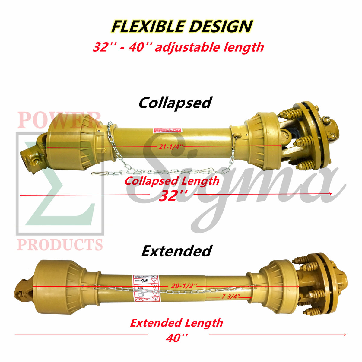Heavy-Duty 41-lb 3-Point Rotary Tiller Slip Clutch PTO Shaft for Rural King, Country Way, Sigma Rotary Tillers for ASC Grizzly 77709, 77710, 77711 – 1-3/8" x 6 Spline, Round Ends, Adjustable 32"-40" image 2